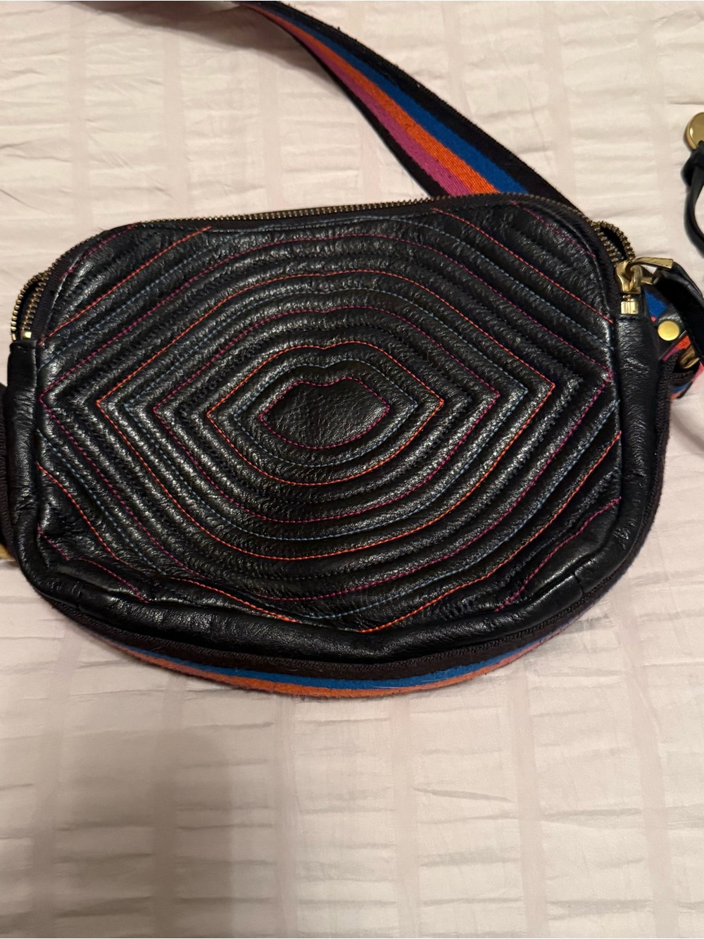 Fossil Black Quilted Crossbody with Multicolor Stripe Strap